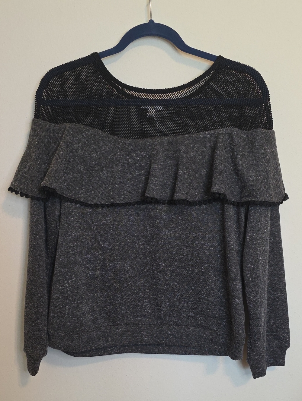 C Charcoal Gray Ruffle Sweater with Black Mesh Yoke